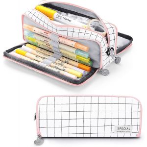 Trousse scolaire grande capacité avec 3 compartiments pour filles, garçons et femmes, trousse de maquillage, organiseur, cadeau (blanche) - Neuf