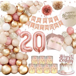 LETNERNY-Decoration Anniversaire 20 Ans Femme, 20E Anniversaire Décoration Beige Vintage Rose Blanc Ballon Guirlande Avec Photophore Décoration De Table 20 Anniversaire - Neuf