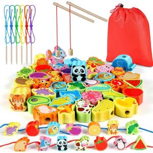 KAL-- 2 En 1 Jouet Montessori De Pêche En Bois Magnétique | Fruit Légume Animal Perles En Bois (46 Pcs) - Jouets Puzzle Jeu Éducatif Pour Enfants Cadeau Pâques 3 4 5 6 7 Ans - Neuf