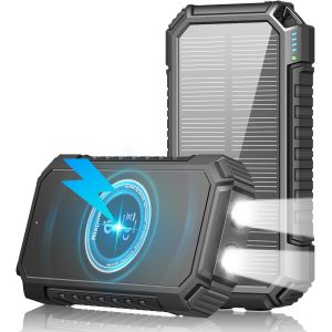 Chargeur Solaire 26800mah, Batterie Externe sans Fil 3 Sorties USB C Charge Rapide Qi Chargeur Portable Solaire avec Lampe de Poche LED pour Smartphones, Tablette et Camping (Noir) - Neuf