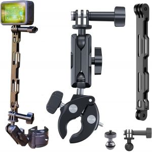 MEVRONISSHOP-Support de guidon de v&eacute;lo et moto pour GoPro Hero 13 12 11 10 9 Max insta360 X5 X4 X3 DJI Osmo Action 5 Pro 4 3,360&deg; Double t&ecirc;te sph&eacute;rique Support de serrage avec tige d'extension en alu - Neuf