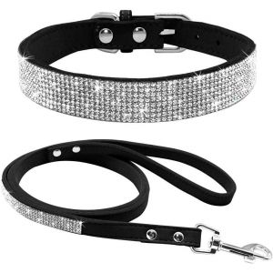Ensemble De Laisses Pour Chien Et Chat, En Cuir Suédé Souple, Élégant Et Scintillant, Avec Strass Et Cristaux Scintillants, Pour Petite Et Moyenne Taille (Noir, S) - Neuf