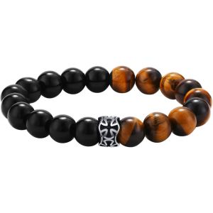 Eryi-Bracelet Charme Pour Homme Garçon, Bracelet Perles Boules Verre Acier Inoxydable Tête De Mort Crâne Couleur Argent Noir Fantaisie Cadeaux Anniversaire Noël Halloween - Neuf
