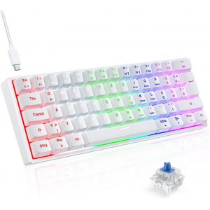 Clavier Mecanique - Clavier Gamer de Jeu Filaire Switch Bleu, AZERTY Fran&ccedil;ais, LED R&eacute;tro&eacute;clair&eacute;, Clavier Gaming Mini 60% pour PC/Windows/PS5/PS4, Blanc et Gris - Neuf