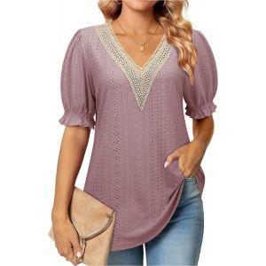 Utigh-Chemisier Élégant Pour Femme - Col En V - Tunique Décontractée - Manches Bouffantes - Dentelle - Neuf