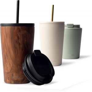 Cmws-Mug Isotherme Avec Paille 470 Ml, Thermo Caf&eacute; &Eacute;tanche En Acier Inox, Tasse Isotherme Sans Bpa, Mug Isotherme Cafe (Oak Wood) - Neuf