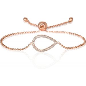 Eryi-Bracelet Poire Serti De Zircons. Plaqué Or Rose 18 Carats Ou Argenté, Ce Bracelet En Maille Forçat Est Ajustable Grâce À Une Boule Métallique Coulissante. - Neuf
