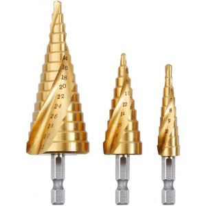 3PCS Foret Fraise Meche Etage, HSS Inox Metal, Triangle Conique Titane, avec Tige Hexagone, Pour Visseuse Percage sur Acier, Laiton, Bois, Plastique - Neuf