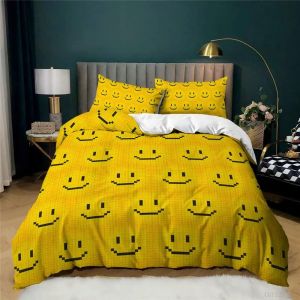 Housse De Couette Smiley Emoji Doodle, 100 % Coton &Agrave; Fibres Longues, Parure De Lit Respirante Et L&eacute;g&egrave;re Avec Fermeture &Agrave; Boutons Dissimul&eacute;e - Neuf