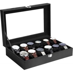 Kal-Boîte À Montres, 12 Compartiments Écrin À Montres, Vitrine De Montres Pour Hommes, Boîte De Rangement Pour Montres Avec Coussin Amovible - Neuf