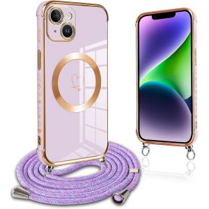 Eryi-Coque Magnétique Pour Iphone 14 Plus Con Cordon, Compatible Avec Magsafe, Silicone Housse Avec Motif Coeur D'amour Réglable Collier Lanyard, Antichoc Etui Pour Iphone 14plus 6.7 Pouces, Violet - Neuf
