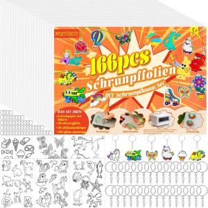 KALANKA-Lot de 166 films rétractables pour travaux manuels comprenant 30 films rétractables A5, 30 porte-clés, 100 boucles, 6 feuilles de papier imprimé avec images, porte-clés DIY pour enfants - Neuf