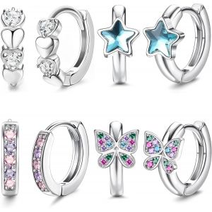 4paires Petites Boucles D'oreilles Cr&eacute;oles Argent Pour Femme Fille Hypoallerg&eacute;nique Rose/Bleu Coeur &Eacute;toile Papillon Zirconium Huggie Boucles D'oreilles Cr&eacute;oles Ensemble Pour Enfants - Neuf