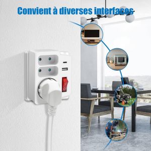 Multiprise Murale, Adapteur Fiche Multiprise Biplite avec Interrupteur pour fa&ccedil;ade, Aver 3 Prise Murale et Ports USB, Type C - Neuf