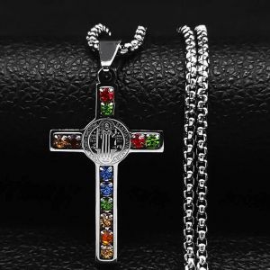 Collier En Acier Inoxydable Avec Croix De J&eacute;sus Catholique,Pendentif En Cristal De Saint Beno&icirc;t,Vierge Marie,Crucifix,Colliers Pour Hommes,Bijoux Cruz--A 60cm Box Sr - Neuf