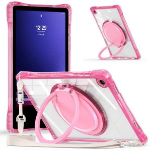 Coque Hybride TPU Transparent avec Poign&eacute;e Rotative pour Samsung Galaxy Tab A9+ / A11+, Rose Rouge - Neuf