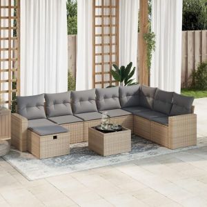 Salon De Jardin Avec Coussins 9 Pcs Beige Résine Tressée - Neuf
