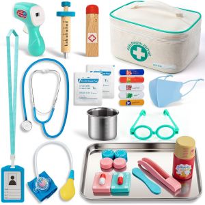 ERYI-Malette Docteur Enfant Jouet, Medecin Outils Avec Stéthoscope, Thermomètre, Seringue Infrarouge Et D¿Autres Accessoires En Bois, Jeu D'Imitation Cadeau Pour Fille Garçon Enfant 3 4 5 Ans - Neuf