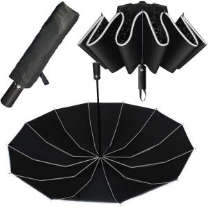 Parapluie Anti-Temp&ecirc;te - Extra Stable Avec 12 Nervures - Pliage Invers&eacute; Sans Fuites - Petit - Compact - Femme De Poche - Ouverture Fermeture Automatique - R&eacute;flecteurs P&eacute;riph&eacute;riques - Neuf