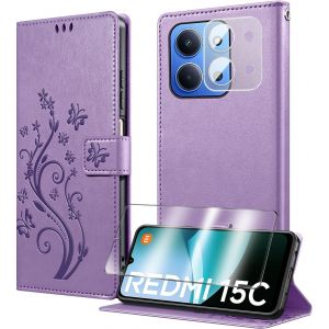 LORANKA-Coque pour Xiaomi Redmi 15C (4G/ 5G) avec 1 Verre Tremp&eacute;,1 Protection Camera,&Eacute;tuis Rabat [Housse en Cuir PU][Fentes pour Cartes][Pochette de Portefeuille][Stand Feature]- Violet - Neuf