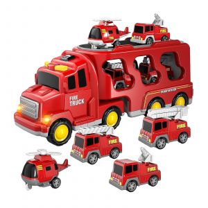 Fire Truck Car Toy with Lights and Sounds, Carrier Truck Transport, 7 in 1 Friction Power Toy for Age 3-5 Children Kids - Neuf