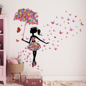 Stickers Muraux Fée Fleur Autocollants Mural Fille Papillon Stickers Muraux Fille Avec Parapluie Pour Chambre De Bébé Pépinière D'enfant Décoration Murale De La Maison - Neuf