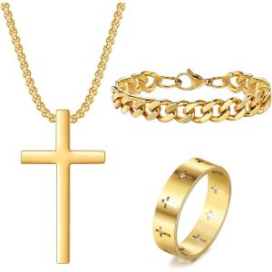 Trahoo-Collier En Acier Inoxydable Avec Pendentif En Forme De Croix, Bracelet En Chaîne Cubaine, Anneau En Forme De Croix Pour Hommes, Cadeaux D'anniversaire Et De Noël - Neuf