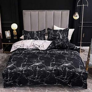 Cheng-Housse De Couette Marbre 220x240cm Noir Et Blanc Gris R&eacute;versible Parure De Lit Microfibre Avec Fermeture &Eacute;clair Sets De Housse De Couette 2 Personnes Avec 2 Taie D'oreiller 65x65cm - Neuf