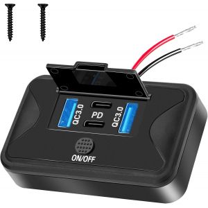 JGD-Prise USB 4 ports mise &agrave; niveau 12 V avec interrupteur &agrave; bouton-poussoir 12 V - Plaque Faceplate &eacute;tanche (montage universel) - Double ports USB QC3.0 18 W et double Faceplate PD3.0 de type C 36 W - Neuf