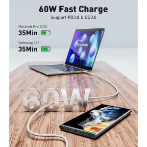 TIANYI-C&acirc;ble USB C vers USB C 3 m, 60 W type C, c&acirc;ble de charge rapide, compatible avec t&eacute;l&eacute;phone 15/Plus/Pro Max, Samsung Galaxy S24 S23 S22, Pixel 7 Pro, MacBook Pro 2021, iPad Pro - Neuf