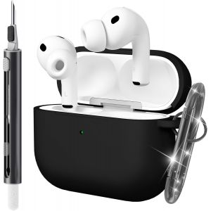 KALANKA-Coque pour AirPods Pro 3 (2025) avec Porte-cl&eacute;s et Kit de Nettoyage, [LED Avant Visible] Protection Case en Silicone Souple Antichoc, Prise en Charge du Chargement sans Fil - Noir - Neuf