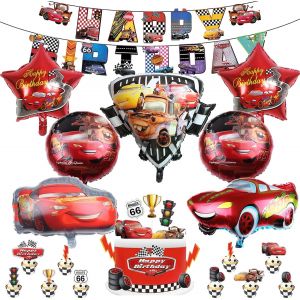 MEVRONISSHOP-18 pi&egrave;ces D&eacute;coration d'anniversaire Cars, Comprend banni&egrave;re, 3D Ballons en aluminium, D&eacute;coration de cupcake, Convient pour la d&eacute;coration d'anniversaire des gar&ccedil;ons - Neuf