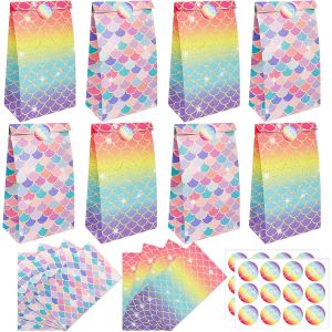 Sac Cadeau Anniversaire, 24 Sac Papier Cadeau Motif écailles de Sirène + 24 Merci Autocollants - Sachet Bonbons Anniversaire Sacs de Cadeaux de fête de Sirène Sac Anniversaire Enfant - Neuf