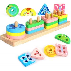 KAL-Montessori Jouet À Partir De 1, 2, 3 Ans En Bois - Jouet Empilable - Puzzle Pour Garçons Et Filles - Trieur De Forme - Bloc De Construction - Reconnaissance Des Couleurs - Pédagogique - Neuf