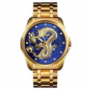 Montre Homme &Eacute;tanche Dor&eacute;e &Agrave; Motif Dragon Chinois - Mod&egrave;le 9193 - Bleu - Neuf