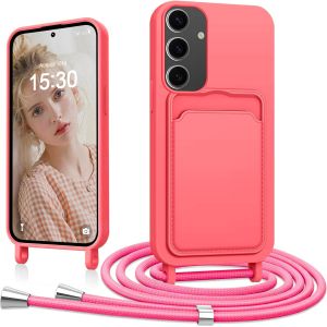 LORANKA-Cordon de t&eacute;l&eacute;phone portable pour Samsung Galaxy S25 / Samsung Galaxy S24 - Avec cordon amovible - Fine - En silicone liquide souple - Rouge rose - Neuf