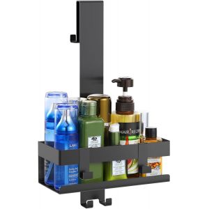 &Eacute;tag&egrave;re de Salle de Bain en Acier Inoxydable, &Eacute;tag&egrave;re de Douche sans Per&ccedil;age Suspendue avec Crochets + Ventouses pour Porte de Douche, Organisateur de Rangement pour Salle de Bain - Noir - Neuf