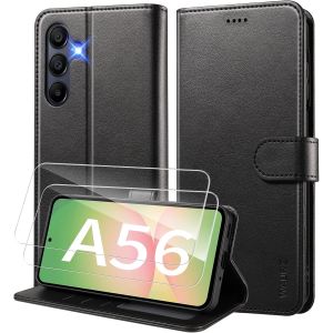 KALANKA-Coque pour Samsung Galaxy A56 5G Etui Coque avec 2 Verre Tremp&eacute; Porte Carte Clapet &agrave; Rabat Portefeuille Cuir Case Housse Protection Flip Cover &Eacute;tui Coque pour Samsung Galaxy A56 5G,Noir - Neuf