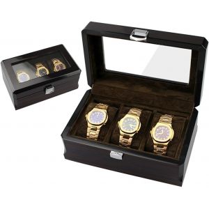 Kal-Boîte De Rangement Pour Montres - 3 Emplacements - Présentoir À Montres - En Bois Massif - Noir - Avec Couvercle En Verre - Neuf
