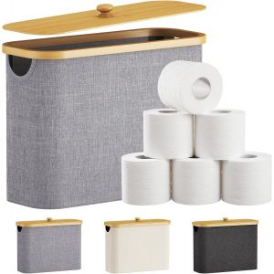 Rangement Papier Toilette,Réserves à Rouleaux de Panier Papier Toilette WC avec Bambou Couvercle,Boite Rangement Salle de Bain,Accessoires WC,Panier Rangement Tissu,Gris - Neuf