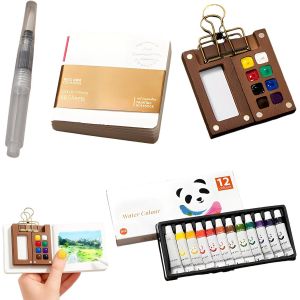 Meimie-Lot De 15mini Aquarelles De Voyage En Bois De Noyer-Aquarelle De Poche Pour Les Déplacements-Aquarelle Compacte Avec Carnet De Croquis-Idéal Pour Les Voyages Et La Peinture En Plein Air - Neuf