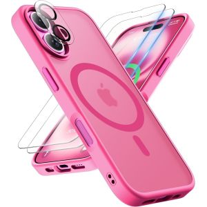 Eryi-Coque Pour Iphone 16 Plus Avec 2 Verre Trempé Et 1 Caméra Protecteur, Translucide Mat Arrière Housse Fine Antichoc Pour Iphone 16 Plus Case Compatible Avec Mag-Safe 6.7"" Rose Chaud - Neuf