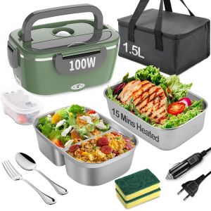 MEVRONISSHOP-Bo&icirc;te &agrave; d&eacute;jeuner &eacute;lectrique 100 W, 1,5 l en acier inoxydable amovible, bo&icirc;te &agrave; d&eacute;jeuner chauffante portable 3 en 1, 12 V/24 V/220 V pour voiture/camion/bureau/maison (vert, 1,5 l) - Neuf