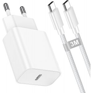 KALANKA-30W Chargeur iPhone USB C avec Cable USB C 3m, Chargeur Rapide Type C PD Prise Adaptateur Secteur avec Nylon Tress&iquest; Cordon C&iquest;ble usbc vers usbc 3m pour iPhone 17 16 15 Pro/Pro Max/Plus, MacBo - Neuf