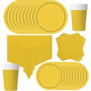 Kalanka-69 Pièces Vaisselle Jetable Anniversaire Jaune,Assiette Carton Papier Tasses Serviettesr Nappe Pour Fête De Noël,Vaisselle De Fête Enfants,Barbecue Les Fêtes Les Pique-Niques(16 Invités) - Neuf
