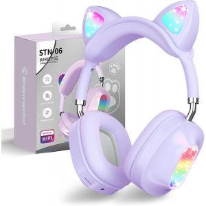 STOREYI-Écouteurs Bluetooth Pour Enfants Filles,Écouteurs Oreilles De Chat,Supra-Auriculaires Avec Lumière Led,Écouteurs Stéréo Pliables,Bluetooth,Écouteurs Sans Fil Pour Enfants Avec Microphone - Neuf