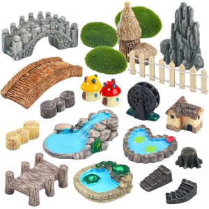 Mevronisshop-21 Pi&egrave;ces Jardin De Conte De F&eacute;es Mini Accessoires Maison Pont Paysage Puits D'eau Cl&ocirc;ture Statue &Eacute;tang Champignons Pelouse Jardin Ornements Bricolage Artisanat Charnue D&eacute;coration - Neuf