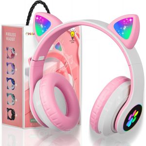 AYU-Casque Bluetooth pour Enfants sans Fil,Casque Cat Pliable avec LED Flash Lumières Glow, Enfants Bluetooth 5.0 avec Microphone et Contrôle du Volume, Carte Slot pour PC/Tablettes/TV (Pink) - Neuf