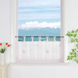 Rideau brise-bise en voile avec passants pour cuisine - Broderie papillon - Transparent - 90 x 45 cm - Rose - Neuf