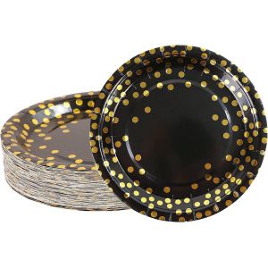 Kalanka-Lot De 50 Assiette Jetable Or Noir 17,8 Cm, Kit Vaisselle Jetable Anniversaire Assiette Carton Pour Barbecue Anniversaire Ou Fête Baby Shower Mariages (Noir Or) - Neuf